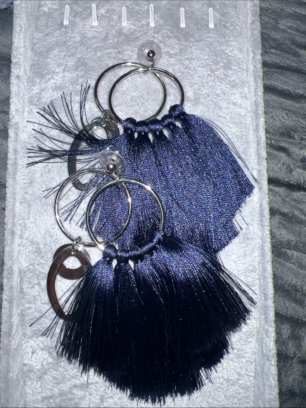 Silver Hoop Earrings with Navy Blue Tassel Fringe